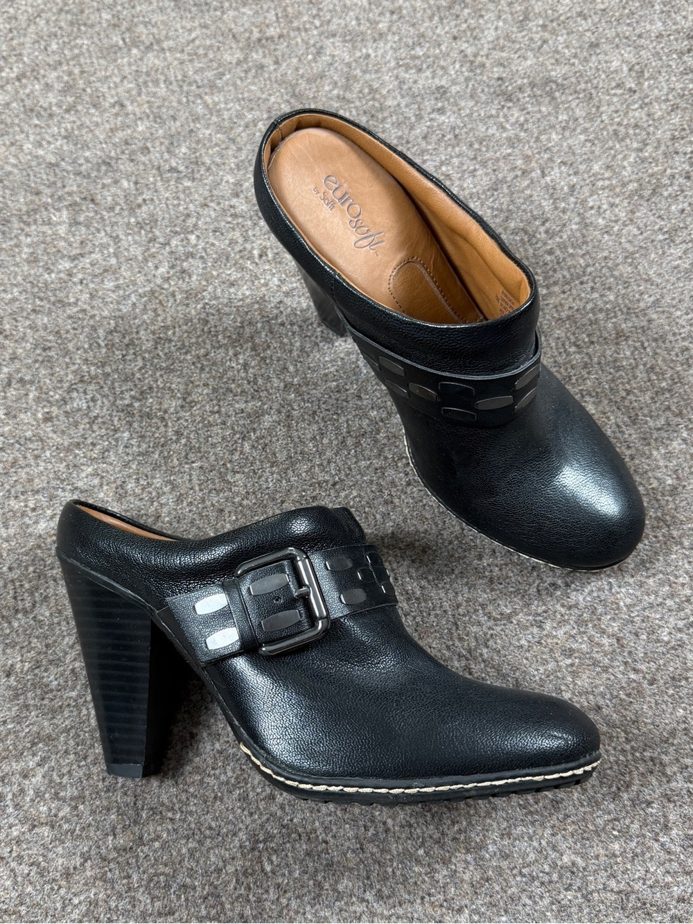 Y2K Black Leather Chunky Heeled Clog Mules Slip On Shoes Buckle Detail Women’s 8